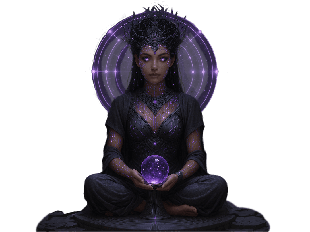 An illustration of a mystical oracle being fed kosmic energy or information
